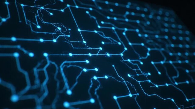 Advanced artificial intelligence neural network circuit board with glowing blue connections and nodes viewed from a close-up perspective
