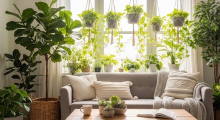 Fototapeta premium Numerous vibrant houseplants thrive indoors surrounding comfortable contemporary seating near bright window illumination