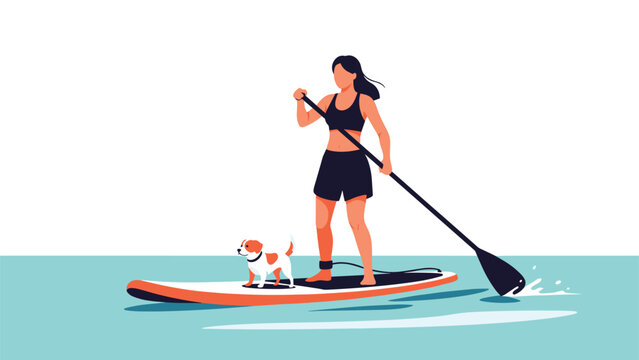 Active woman maintains her balance on a paddleboard in the ocean while her small pet dog stands faithfully at the front of the board for fun.