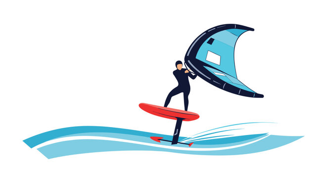Adventurous person enjoys water sports by wing foiling on a bright red hydrofoil board with a blue wing over the waves of the deep blue sea.