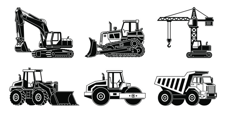 Construction vehicle vector set with excavator bulldozer truck and steam roller