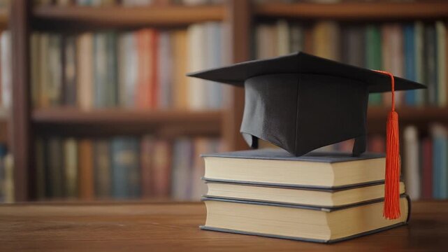Graduation Cap on Stack of Books in Library Representing Academic Success and Knowledge