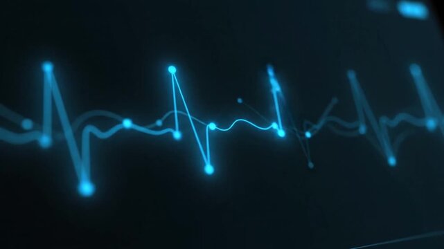 A futuristic electrocardiogram display showcasing heartbeat patterns with artificial intelligence analysis in a medical laboratory setting