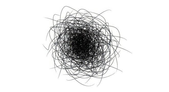 Abstract tangled lines, chaotic scribble drawing, complex knot graphic element, messy black pattern