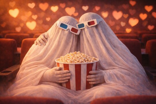 Two cute ghosts hugging in a cinema hall and sharing popcorn. Romantic spooky date, warm comedy horror atmosphere, love concept in a movie theater.