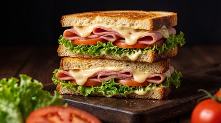 
Toasted ham and cheese sandwich on sourdough bread with melted swiss cheese fresh lettuce and sliced tomatoes on a rustic wooden board against a dark background