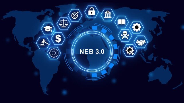 Neb 3.0 ,Business, technology, internet and networking concept ,blockchain business concept ,decentralized financial system with digital world map.