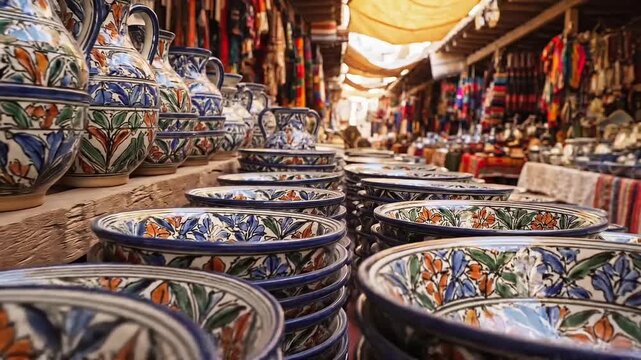 Colorful handmade ceramic bowls displayed on shelves in a busy market bazaar.