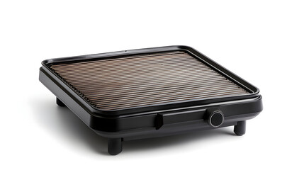Small Black Electric Tabletop Grill with Grid Surface on White Background