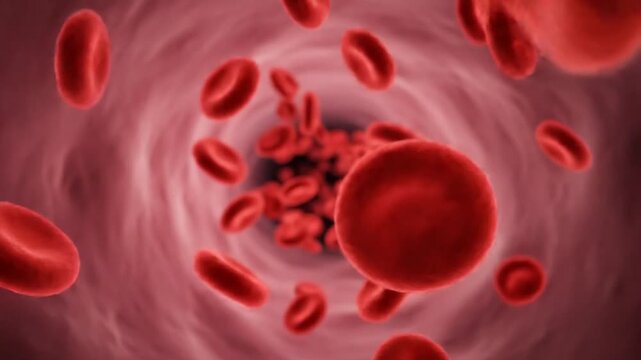 Red blood cells flowing through a vein in a slow motion video capturing the intricate details of the circulatory system