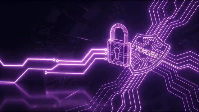 Digital security concept featuring neon purple lock shield token symbol protecting data flow with glowing token shield and padlock connected by circuit lines ensuring protection encryption technology