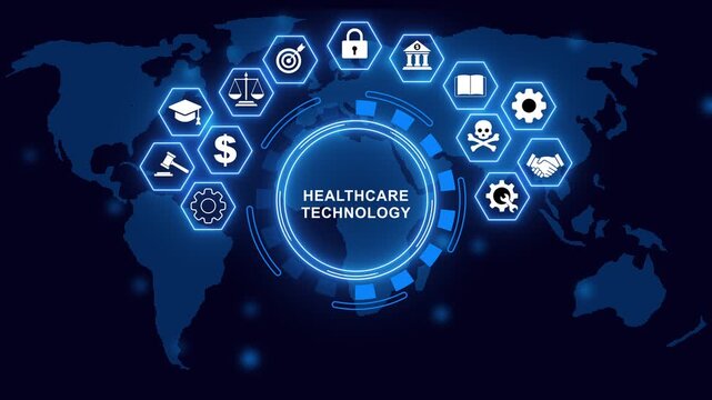 Modern technology in healthcare, medical diagnosis. Artificial intelligence help analysis data about health patients with digital world map background.