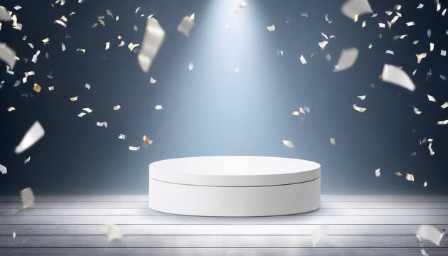 empty white podium with falling confetti and spotlight