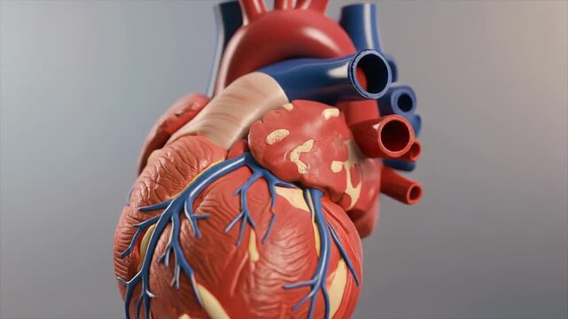 Human heart model with visible veins and arteries on gray gradient background