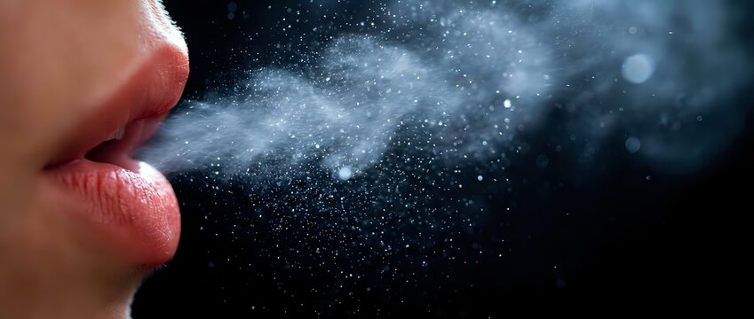 Close-up of human mouth exhaling visible breath vapor with water droplets against dark background for health and respiratory concepts.