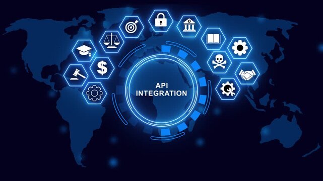 API integration cyber security concept with icons api integration connection. Audit, risk management, security, finance and corporate governance on digital world map.