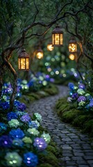 Enchanting garden pathway with glowing lanterns hanging from tree branches and vibrant blue hydrangea flowers creating magical evening atmosphere for landscaping.