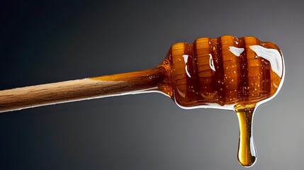 Wooden honey dipper with golden honey dripping down against gradient background for culinary and natural food concepts.