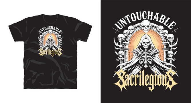 Untouchable sacrilegious skeleton in a cloak with skulls and pillars on t-shirt design