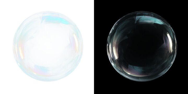 Large realistic soap bubble with soft transparent turquoise shades, isolated on transparent PNG and black background. Light airy bubble overlay for photo editing.