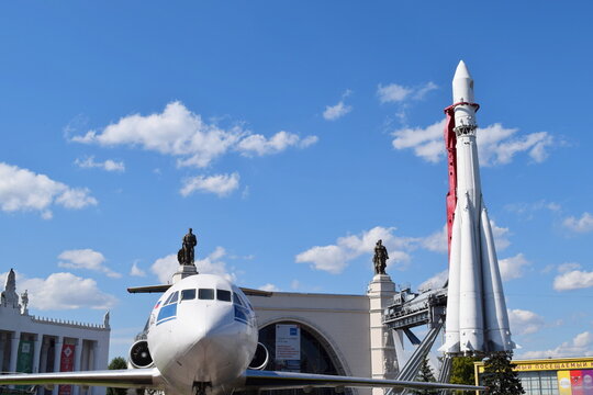 Vostok space rocket monument (replica of Yuri Gagarin's launch vehicle) at VDNKh exhibition center, Moscow, Russia, August 2015 