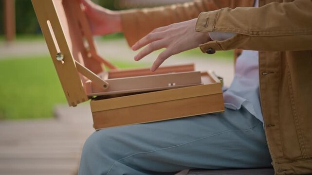 outdoor artist opening wooden box on park bench, unpacks paper and portable case, prepares pencil and watercolor for urban sketching illustrator arranges sheets, painter checks phone reference, hands