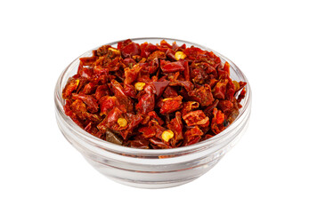 Bowl of dried red chili peppers seasoning on transparent background