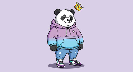 Obraz premium Cool Panda Wearing Hoodie and Crown Illustration.