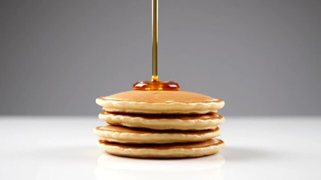 A stack of pancakes being drizzled with syrup in a video close-up shot from above on a white surface