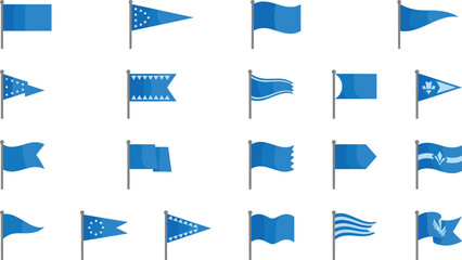 Blue flags on gray poles with various shapes and patterns flag shapes pennants © Ambia Art