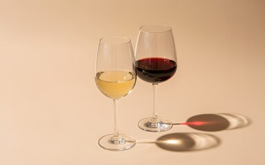 Fototapeta premium Variety of wine glasses filled with red and white wine on table