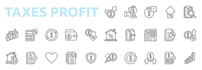 Fototapeta premium Taxes Profit icon set outline style with deposit, tax growth, audit, home tax, pro bono, tax office, tax record, business protection icons