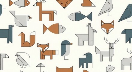 Obraz premium Stylized geometric wildlife and nature illustrations repeat across a light background