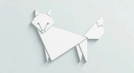 Obraz premium Geometric white fox figure created using paper folding technique rests on a pale background