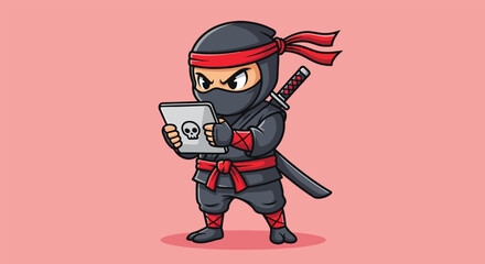 Cute Ninja Character Focused on Laptop with Skull Icon. © NFS Studio