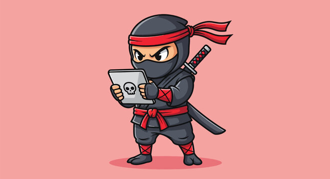 Cute Ninja Character Focused on Laptop with Skull Icon.