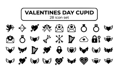 Naklejka premium Valentines Day Cupid Love Angel Arrow Hearts Cherub Bow Romance Amor Mythological Romantic Symbol Sweetheart February 14 Decorative Vector Icon Set - Cupid Love