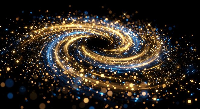 Golden spiral galaxy with sparkling particles and glowing stars on dark background creating cosmic swirl pattern for astronomy and space themed designs.