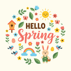 Obraz premium Hello Spring circle frame with cute animals and flowers.