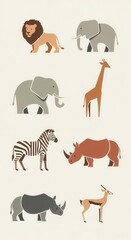 Fototapeta premium Collection of stylized large wild animals from various habitats displayed in rows