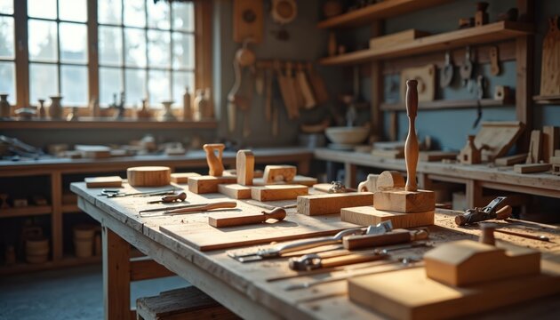 Carpenters table with wood pieces, tools, and unfinished projects. Sunlight streams through window onto workbench. Craftsmanship and woodworking skills are evident in the organized space.