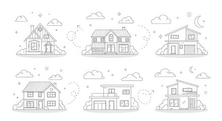 Fototapeta premium Collection of hand-drawn houses and residential buildings in a sketchy line art style