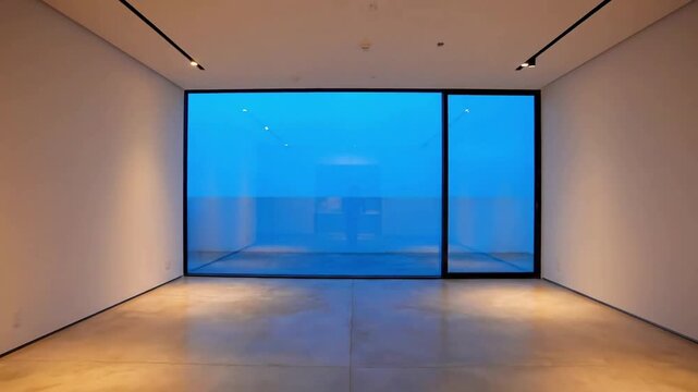 Minimalist Evening Serenity Focus on the clean lines and uncluttered aesthetic of an interior space, softly illuminated by artificial light against the deep blue backdrop of the evening sky.