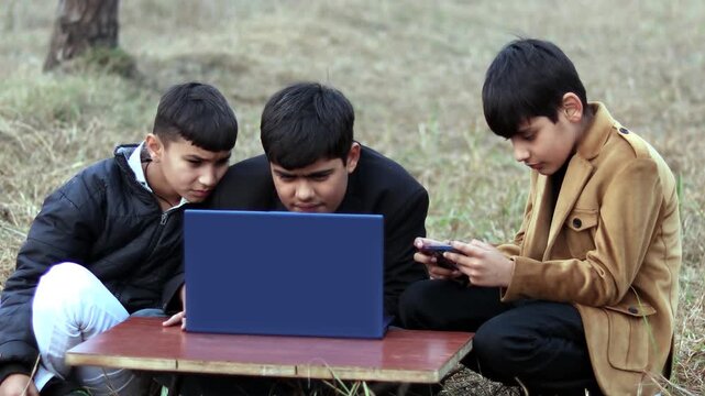 Group of children of Indian ethnicity sitting outdoor in nature and using laptop together video portrait.