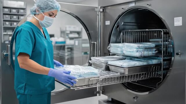 Operator placing wrapped instrument trays into a large autoclave sterilizer emphasizing the controlled process amid a softly blurred sterile room.