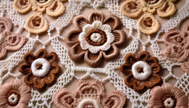 delicate floral crochet pattern a close up of a vintage crocheted tablecloth featuring a delicate floral pattern in cream and brown hues