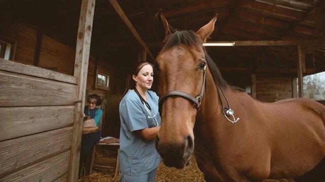 Medium shot of a farm horse receiving a routine health check from a vet in an open barn environment.