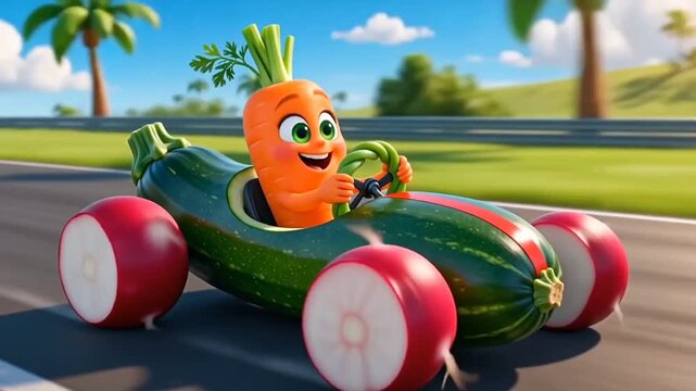 Funny carrot character driving a surreal vegetable race car on a track
