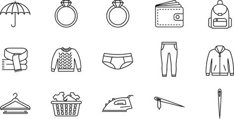 Accessories and clothing icons, umbrella, rings, wallet, backpack, scarf, sweater, underwear, pants, jacket, line art
