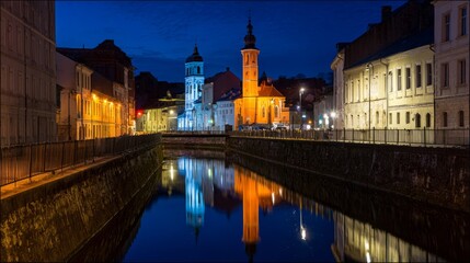 Obraz premium european. A European canal glows under atmospheric streetlights, reflecting historic architecture. real-estate listings. 
